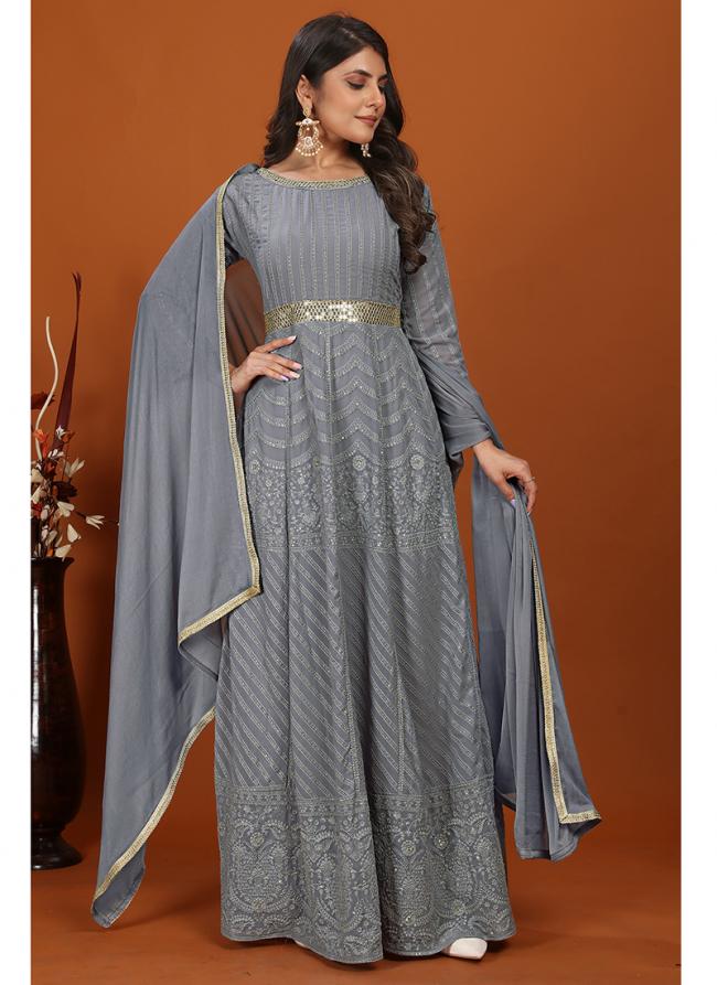 Premimum Faux Grey Party Wear Heavy Embroidery Work Readymade Gown With Dupatta